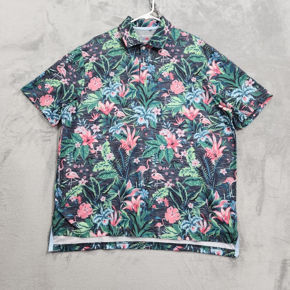 Chaps Polo Shirt Mens XL Multicolor Flamingo Floral Everyday Performance Stretch